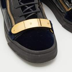 Pre Owned Giuseppe Zanotti Black/Navy Blue Leather And Velvet Double Coby High Top Sneakers Size 42