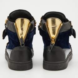 Pre Owned Giuseppe Zanotti Black/Navy Blue Leather And Velvet Double Coby High Top Sneakers Size 42