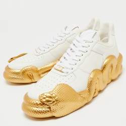 Pre Owned Giuseppe Zanotti White/Gold Leather Lace Up Sneakers Size 43