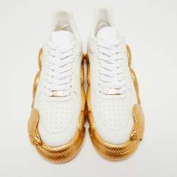 Pre Owned Giuseppe Zanotti White/Gold Leather Lace Up Sneakers Size 43
