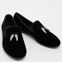 Pre Owned Giuseppe Zanotti Black Velvet Kevin Shark Tooth Tassel Smoking Slippers Size 41