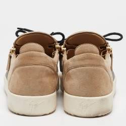 Pre Owned Giuseppe Zanotti Beige/Black Leather and Suede Frankie Lace Up Sneakers Size 44