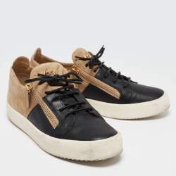 Pre Owned Giuseppe Zanotti Beige/Black Leather and Suede Frankie Lace Up Sneakers Size 44