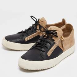Pre Owned Giuseppe Zanotti Beige/Black Leather and Suede Frankie Lace Up Sneakers Size 44