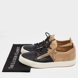 Pre Owned Giuseppe Zanotti Beige/Black Leather and Suede Frankie Lace Up Sneakers Size 44