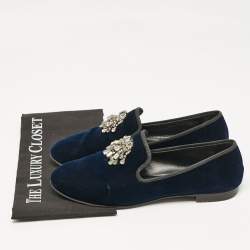 Giuseppe Zanotti Navy Blue Velvet Crystal Embellished Smoking Slippers Size 41