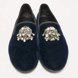 Giuseppe Zanotti Navy Blue Velvet Crystal Embellished Smoking Slippers Size 41