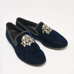 Giuseppe Zanotti Navy Blue Velvet Crystal Embellished Smoking Slippers Size 41