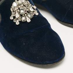 Giuseppe Zanotti Navy Blue Velvet Crystal Embellished Smoking Slippers Size 41