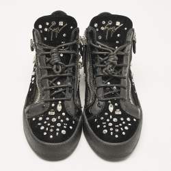 Giuseppe Zanotti Black Leather and Velvet Kriss High Top Sneakers Size 41