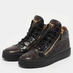 Giuseppe Zanotti Brown Crocodile Leather  Double Zipper High Top Sneakers Size 39     