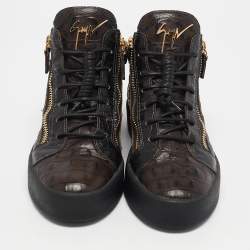 Giuseppe Zanotti Brown Crocodile Leather  Double Zipper High Top Sneakers Size 39     