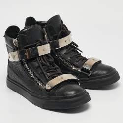 Giuseppe Zanotti Black Croc Embossed Patent Leather Double Zip High Top Sneakers Size 40