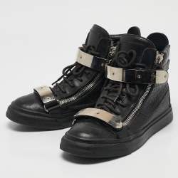 Giuseppe Zanotti Black Croc Embossed Patent Leather Double Zip High Top Sneakers Size 40