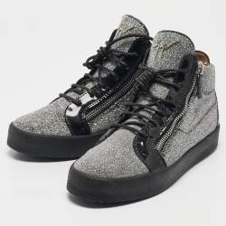 Giuseppe Zanotti Black/Silver Glitter Fabric and  Leather Coby High Top Sneakers Size 40