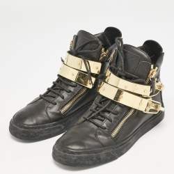 Giuseppe Zanotti Black Leather Double Metal Strap High-Top Sneakers Size 40 