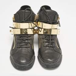 Giuseppe Zanotti Black Leather Double Metal Strap High-Top Sneakers Size 40 