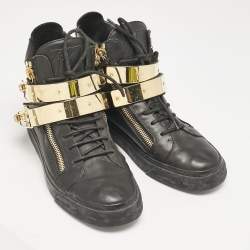 Giuseppe Zanotti Black Leather Double Metal Strap High-Top Sneakers Size 40 