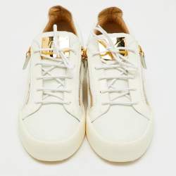 Giuseppe Zanotti White Leather and Patent Leather Double Zip Low Top Sneakers Size 44