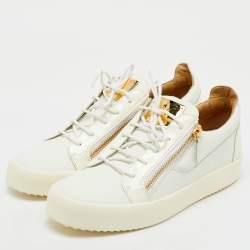 Giuseppe Zanotti White Leather and Patent Leather Double Zip Low Top Sneakers Size 44