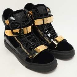 Giuseppe Zanotti Navy Blue/Black Velvet And Patent Leather Coby High Top Sneakers Size 41