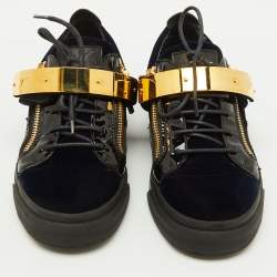 Giuseppe Zanotti Navy Blue/Black Velvet and Patent Leather Double Zip Low Sneakers Size 41