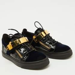 Giuseppe Zanotti Navy Blue/Black Velvet and Patent Leather Double Zip Low Sneakers Size 41