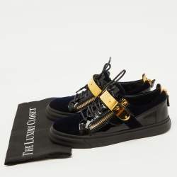 Giuseppe Zanotti Navy Blue/Black Velvet and Patent Leather Double Zip Low Sneakers Size 41