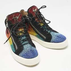 Giuseppe Zanotti Black Suede Rainbow Crystal Embellished Doris BNIB Sneakers Size 43.5