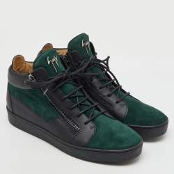 Giuseppe Zanotti Green/Black Suede and Leather Double Zip High Top Sneakers Size 45