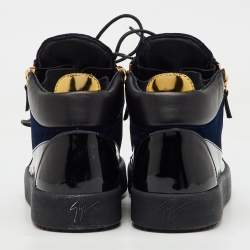 Pre Owned Giuseppe Zanotti Blue/Black Velvet and Patent Frankie High Top Sneakers Size 45