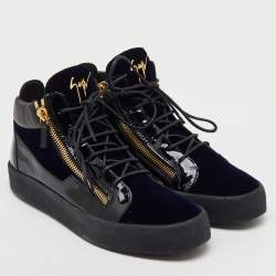 Pre Owned Giuseppe Zanotti Blue/Black Velvet and Patent Frankie High Top Sneakers Size 45