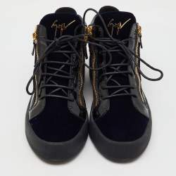 Pre Owned Giuseppe Zanotti Blue/Black Velvet and Patent Frankie High Top Sneakers Size 45