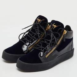 Pre Owned Giuseppe Zanotti Blue/Black Velvet and Patent Frankie High Top Sneakers Size 45