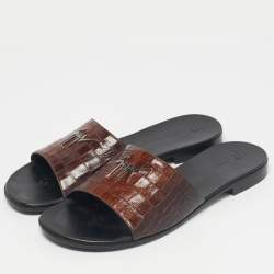 Pre Owned Giuseppe Zanotti Brown Croc Embossed Leather Flat Slides Size 42