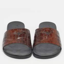 Pre Owned Giuseppe Zanotti Brown Croc Embossed Leather Flat Slides Size 42