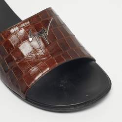 Pre Owned Giuseppe Zanotti Brown Croc Embossed Leather Flat Slides Size 42