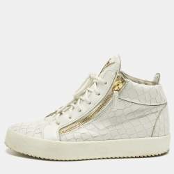 Pre Owned Giuseppe Zanotti White Croc Embossed Leather Kriss Lace Up Sneakers Size 43.5