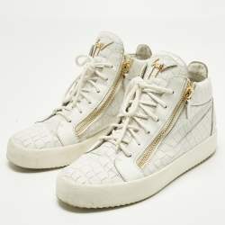 Pre Owned Giuseppe Zanotti White Croc Embossed Leather Kriss Lace Up Sneakers Size 43.5