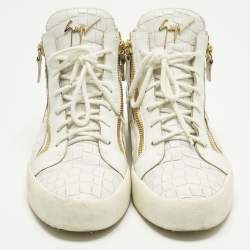 Pre Owned Giuseppe Zanotti White Croc Embossed Leather Kriss Lace Up Sneakers Size 43.5