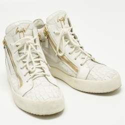 Pre Owned Giuseppe Zanotti White Croc Embossed Leather Kriss Lace Up Sneakers Size 43.5