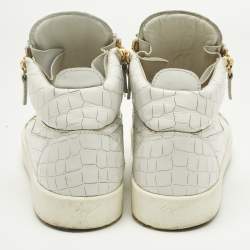 Pre Owned Giuseppe Zanotti White Croc Embossed Leather Kriss Lace Up Sneakers Size 43.5