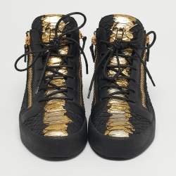 مملوكة مسبقًا Giuseppe Zanotti London Size 42 Black/Gold Python Embossed Leather Lace Up Sneakers