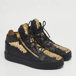 مملوكة مسبقًا Giuseppe Zanotti London Size 42 Black/Gold Python Embossed Leather Lace Up Sneakers