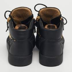 مملوكة مسبقًا Giuseppe Zanotti London Size 42 Black/Gold Python Embossed Leather Lace Up Sneakers