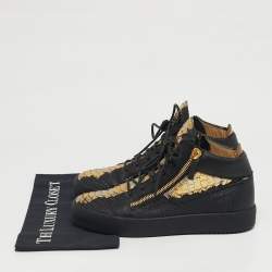 مملوكة مسبقًا Giuseppe Zanotti London Size 42 Black/Gold Python Embossed Leather Lace Up Sneakers