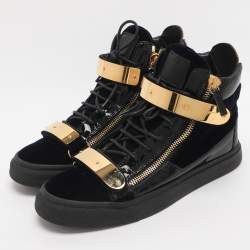 مملوكة مسبقًا Giuseppe Zanotti Coby Size 42 Navy Blue/Black Patent Leather and Velvet High Top Sneakers