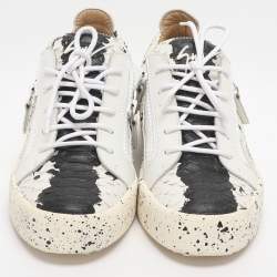 Pre Owned Giuseppe Zanotti Frankie Size 41 White/Black Python Embossed Leather Low Top Sneakers