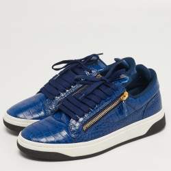 Pre Owned Giuseppe Zanotti GZ Size 42.5 Blue Croc Embossed Leather Low Top Sneakers