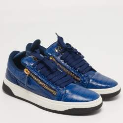 Pre Owned Giuseppe Zanotti GZ Size 42.5 Blue Croc Embossed Leather Low Top Sneakers